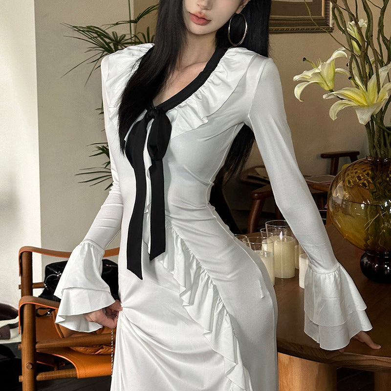 Dames Élégante Robe Maxi avec Détails Volants et Élégant Ruban à Nouer Chic und Stil
