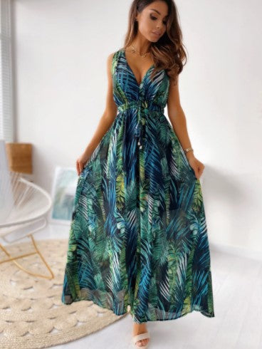 Robe maxi bohème pour femmes avec décolleté en V profond et ceinture à nouer Chic und Stil