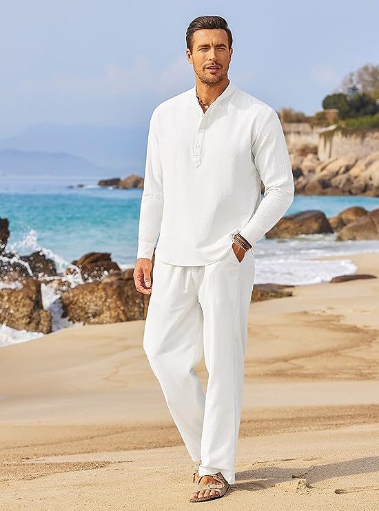Light beach pants for men and stylish long sleeve shirt Chic und Stil