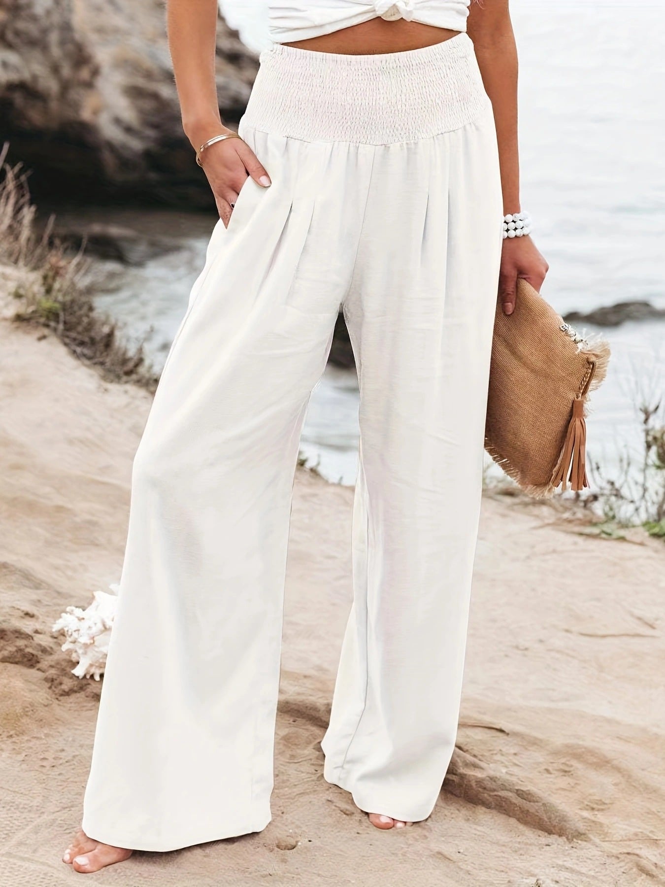 Pantalon d'été ample pour femmes avec taille élastique et élégant drapé Chic und Stil