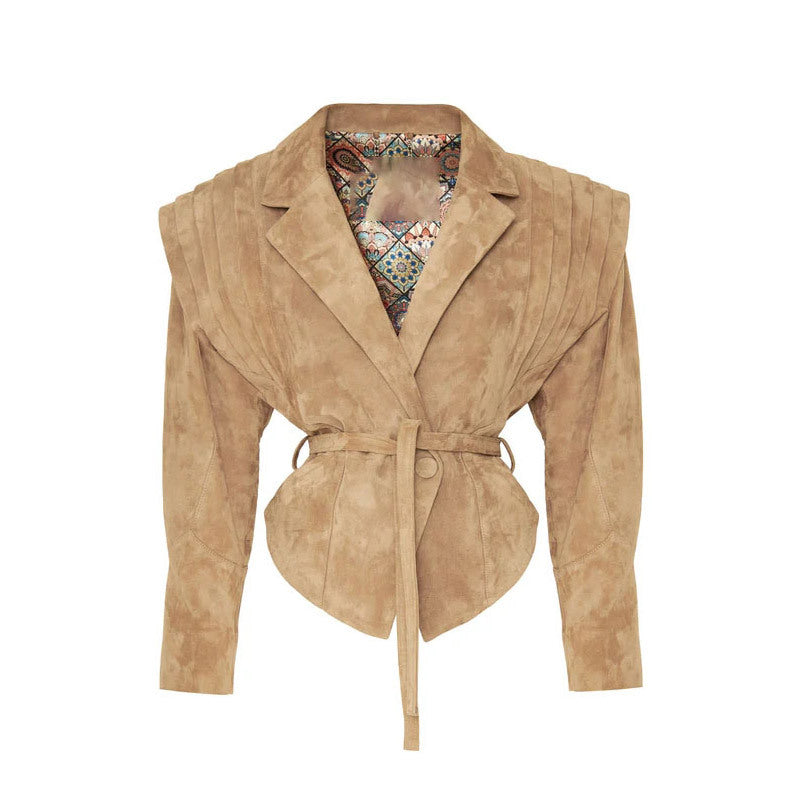 Blazer féminin élégant avec détails d'épaule lissés et ceinture à nouer Chic und Stil