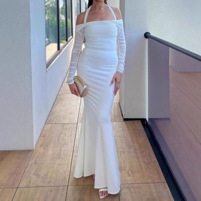 Dames Élégant Robe Maxi Off-Shoulder avec Minces Bretelles en Spaghetti et Manches Transparentes Chic und Stil