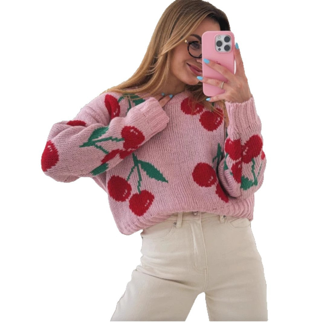 Pull décontracté pour femmes avec motif cerise fruité et tricot doux Chic und Stil