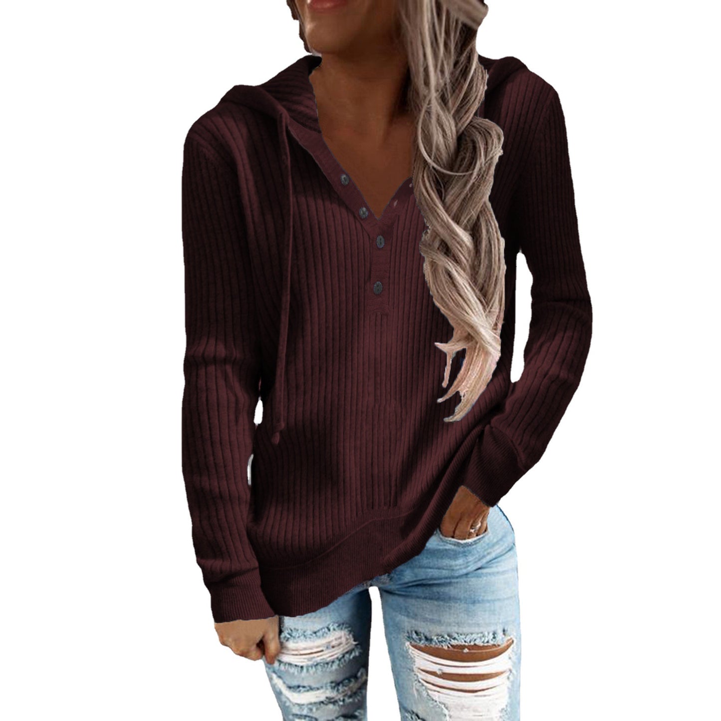 Sweat à capuche pour femmes au design ribbed à la mode avec patte de boutons Chic und Stil