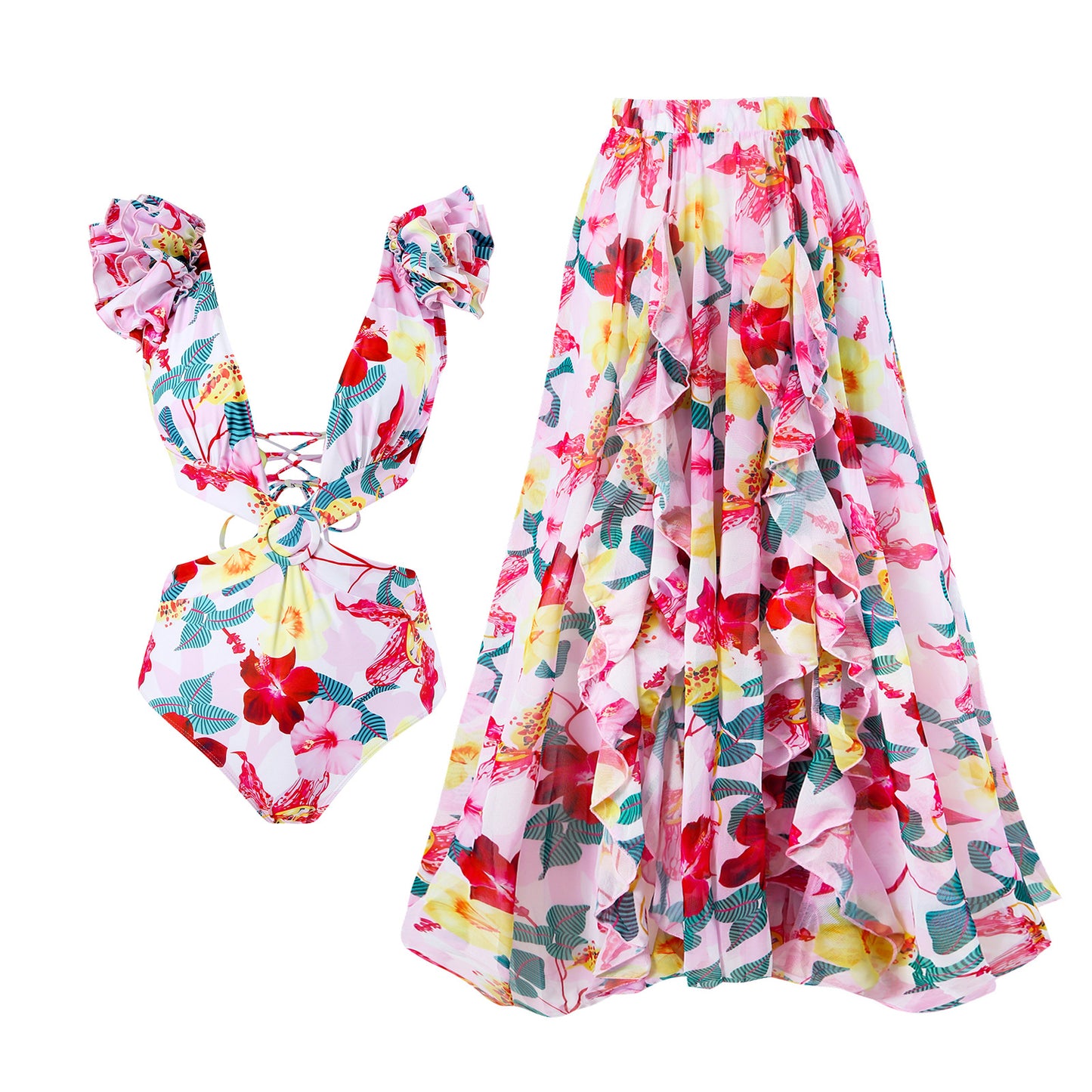 Maillot de bain femme avec détails en volants et jupe imprimée Chic und Stil