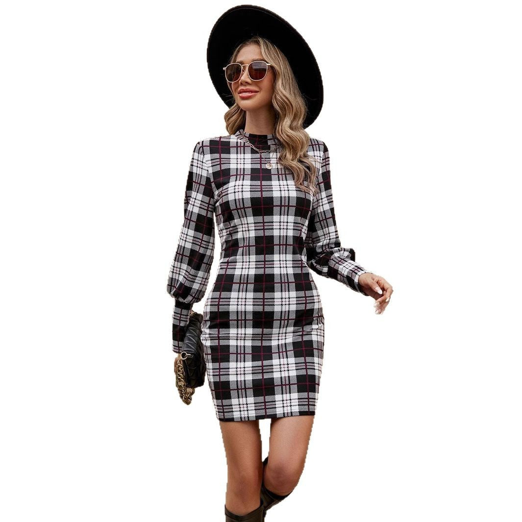Robe à carreaux pour femmes avec un accent de ceinture élégant et des manches bouffantes Chic und Stil