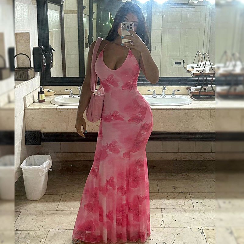 Robe maxi fleurs avec col pour dames Chic und Stil