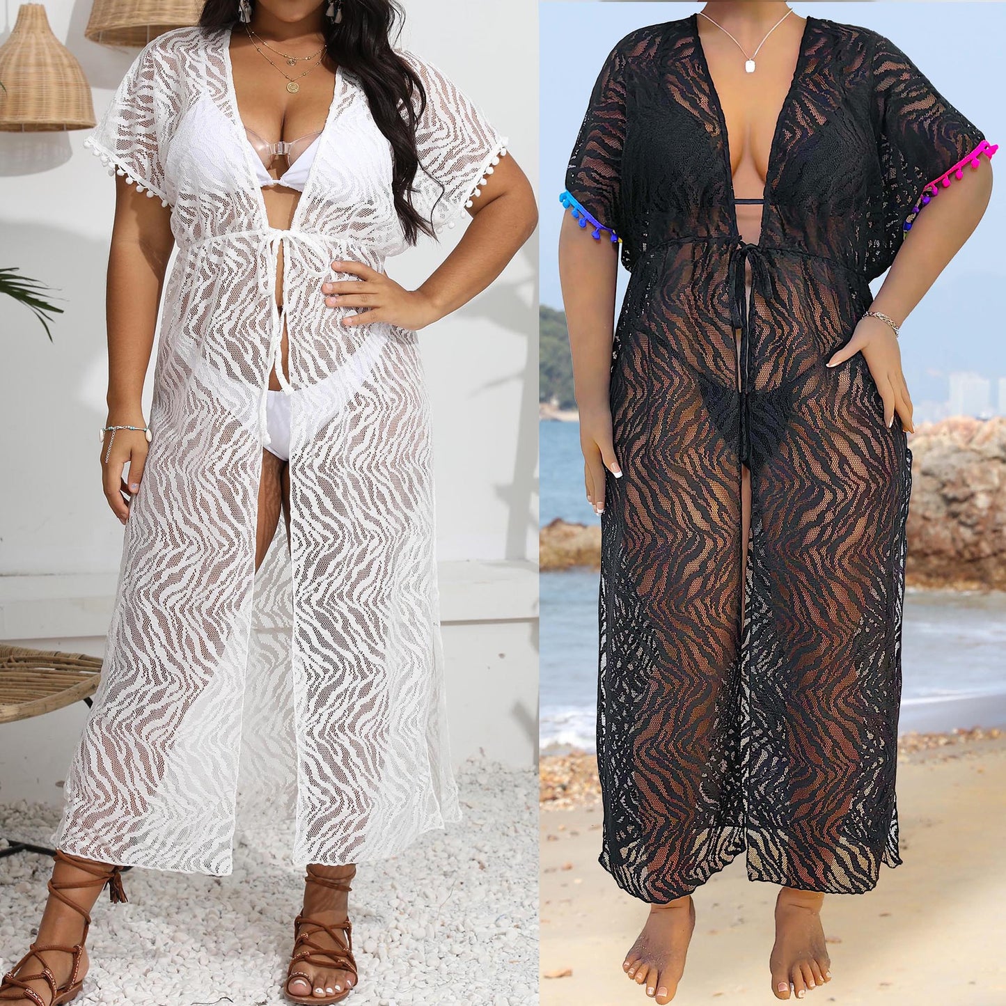 Dames Transparent Dentelle Plage Kimono Robe Chic und Stil