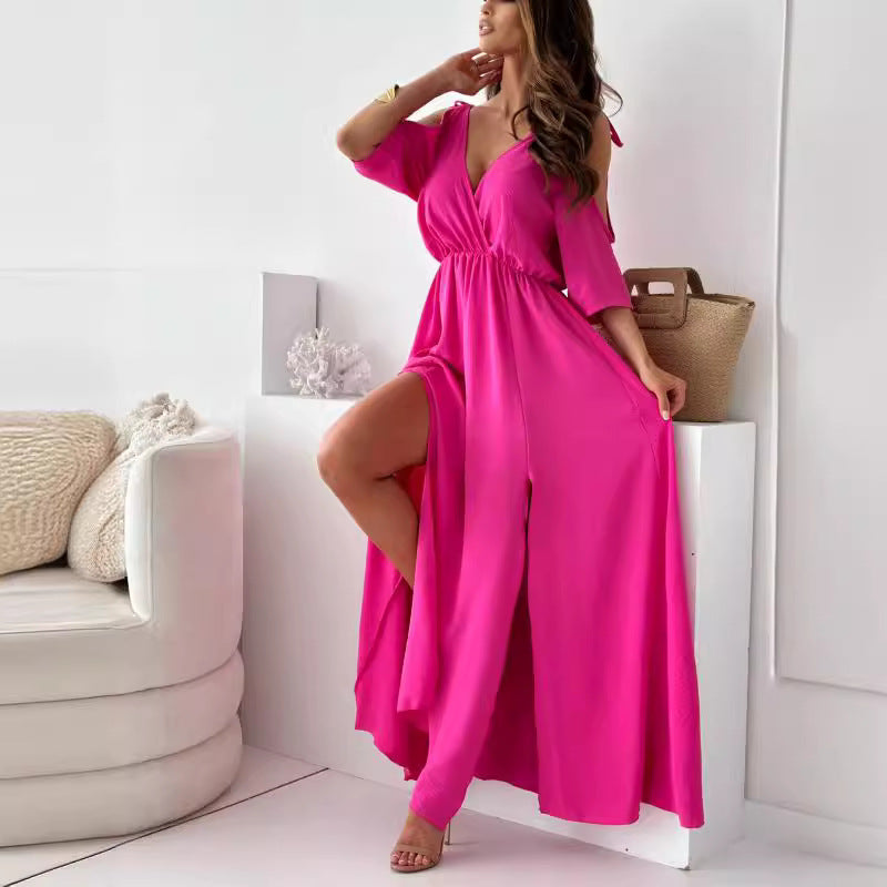 Women's High Slit Maxi Dress with Adjustable Tie Belt Chic und Stil