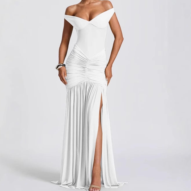 Dames Robe Maxi Élégante Off-Shoulder avec Détails Volants et Fente Haute Chic und Stil