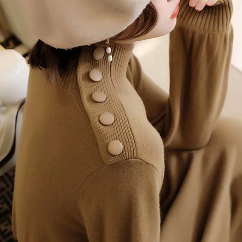 Dames Élégante robe maxi en tricot avec col montant et boutons décoratifs Chic und Stil