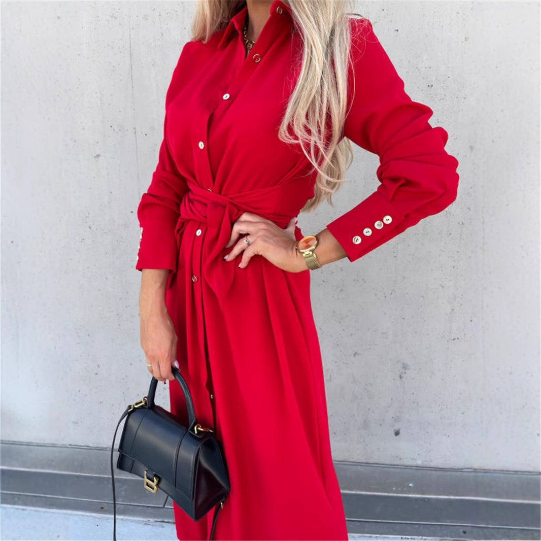 Dames Robe Midi Élégante avec Ceinture et Patte de Boutonnage Chic und Stil