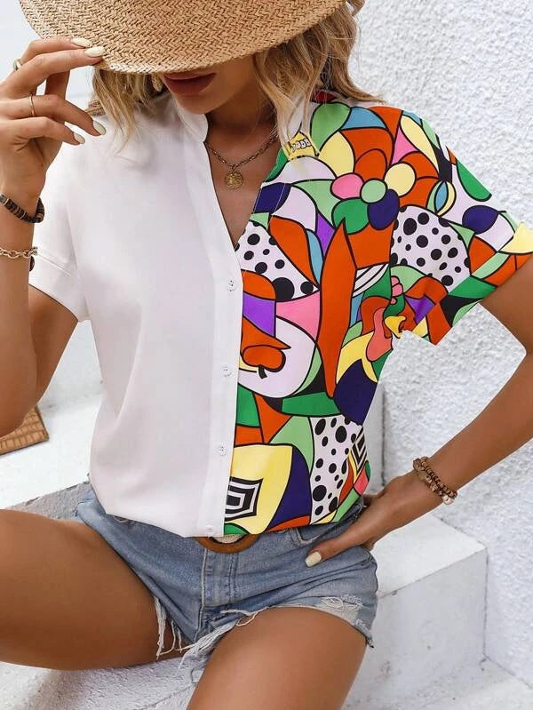 Chemise à manches courtes en patchwork coloré pour dames avec patte de boutonnage Chic und Stil