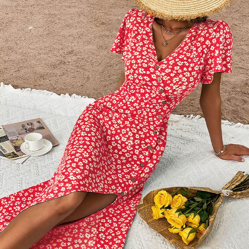 Robe maxi à boutons florale pour femmes avec haut fente Chic und Stil