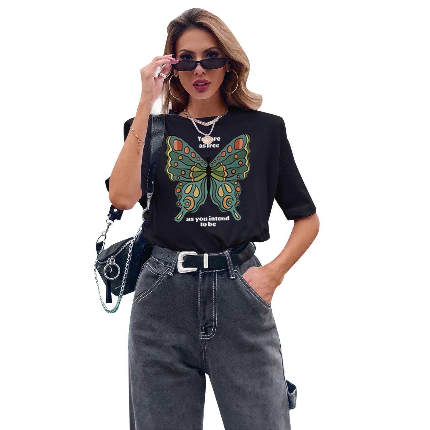 T-shirt surdimensionné pour femmes avec impression colorée de papillons et inscription inspirante Chic und Stil