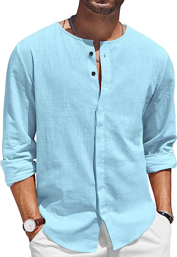 Chemise en lin pour hommes avec col montant décontracté et patte de boutonnage Chic und Stil