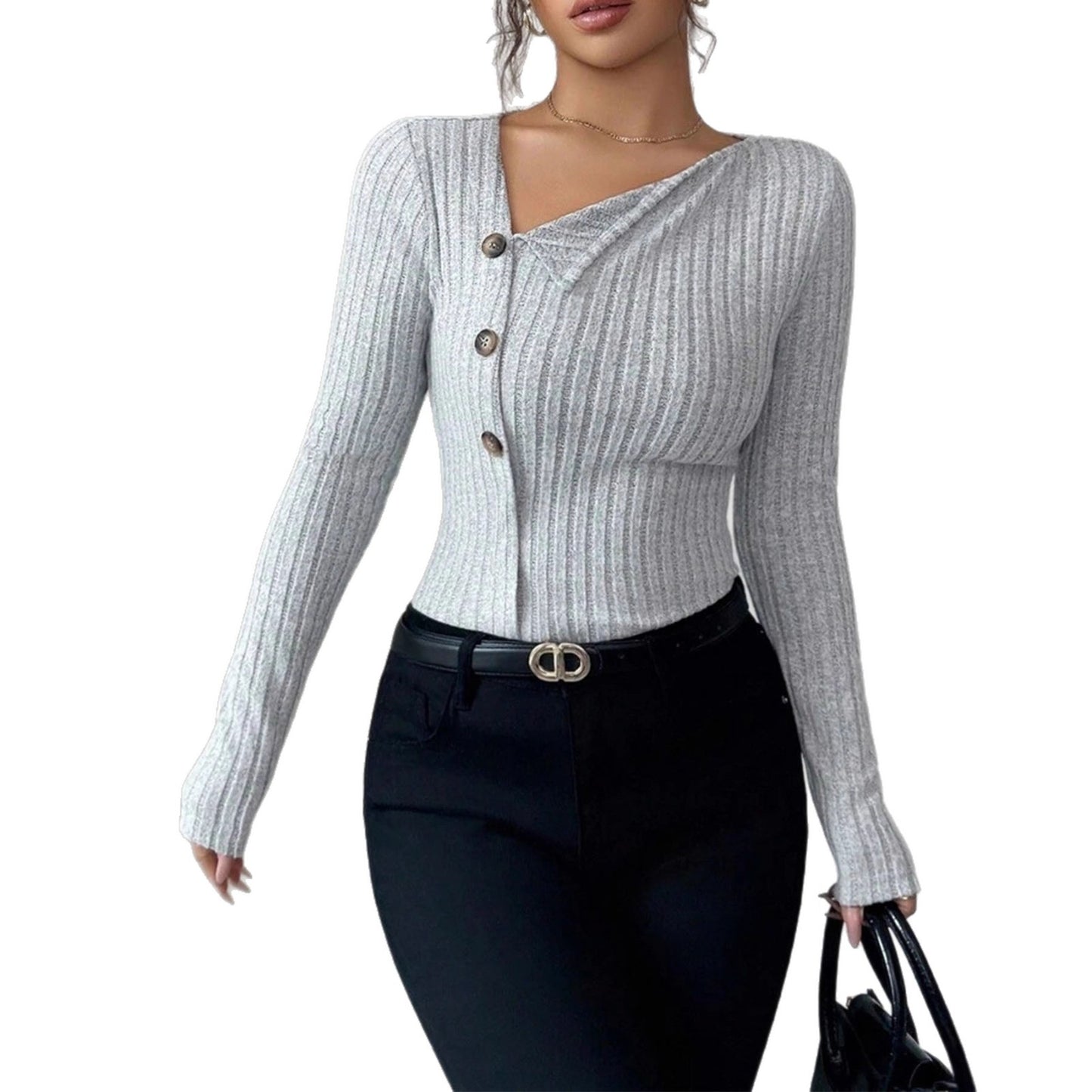 Pull en rib à col asymétrique et patte de boutons pour femmes