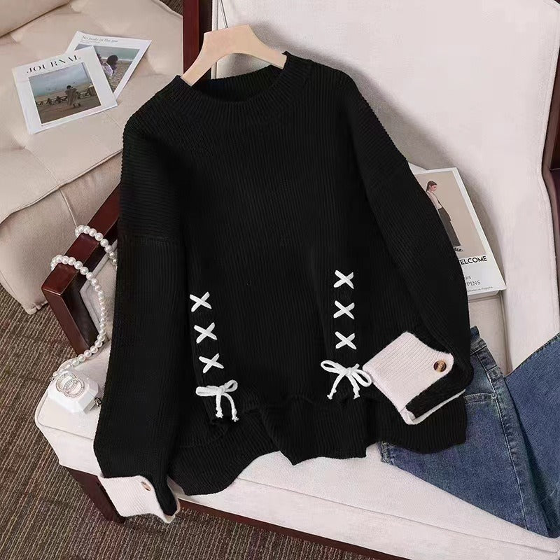 Pull en tricot décontracté pour femmes avec des détails décoratifs de nœuds et de boutons Chic und Stil