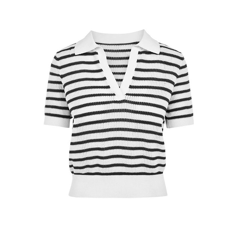 T-shirt polo tricot rayé à manches courtes pour femmes Chic und Stil