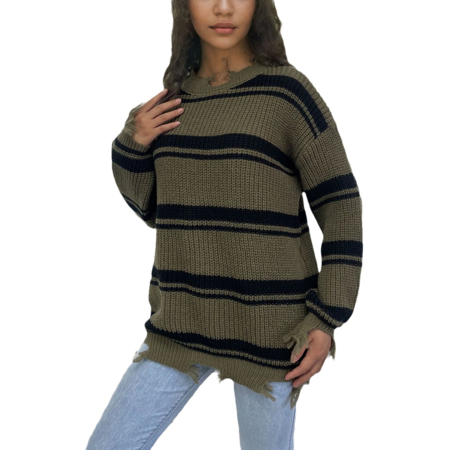 Pull oversized en grosse maille pour femmes avec franges et rayures transversales Chic und Stil