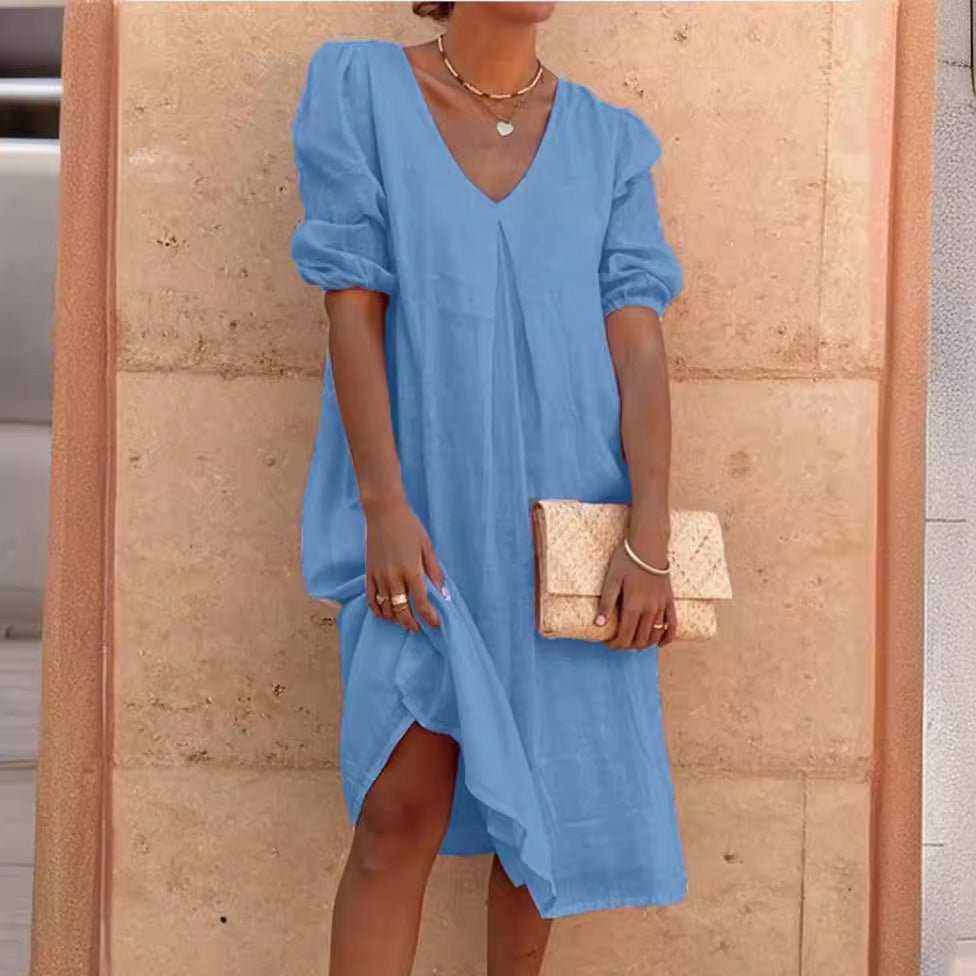Robe midi à encolure en V à manches bouffantes pour femmes Chic und Stil
