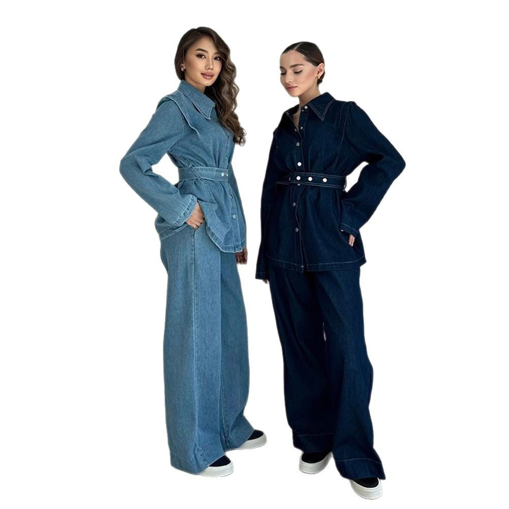 Combinaison en denim pour femmes avec ceinture élégante et jambes larges Chic und Stil