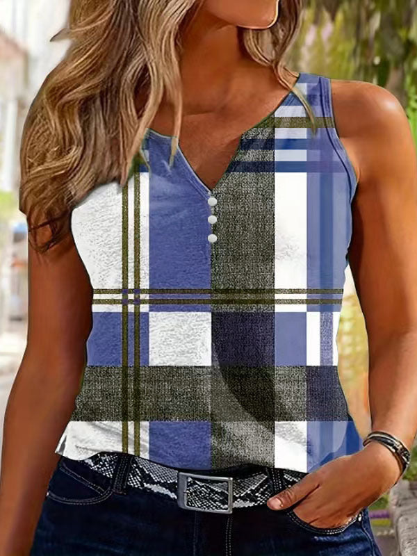 Top sans manches pour femmes à col en V avec détail de bouton décoratif et motif à carreaux moderne Chic und Stil
