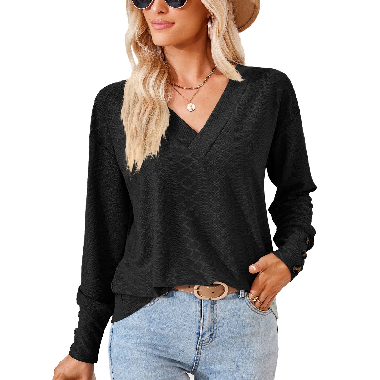 Blouse à manches longues pour femme avec un décolleté en V raffiné et un design structuré Chic und Stil