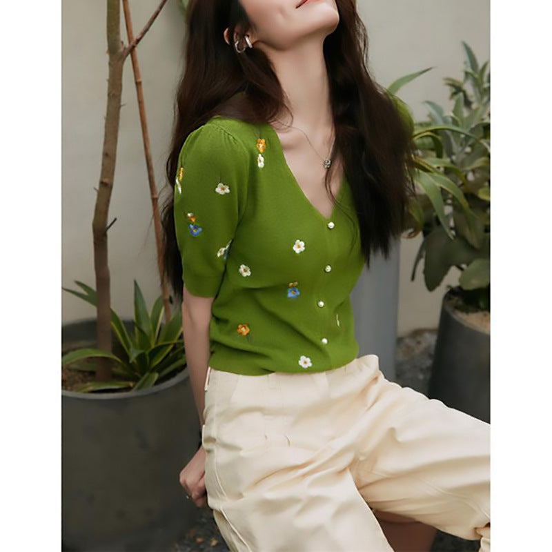 Gilets tricotés à manches courtes brodés pour femmes Chic und Stil