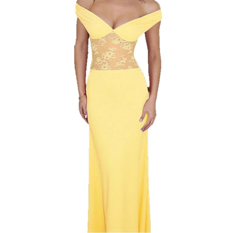 Femmes Élégante Robe Maxi Off-Shoulder avec Haut en Dentelle Transparent et Ourlet Élastique Étroit Chic und Stil