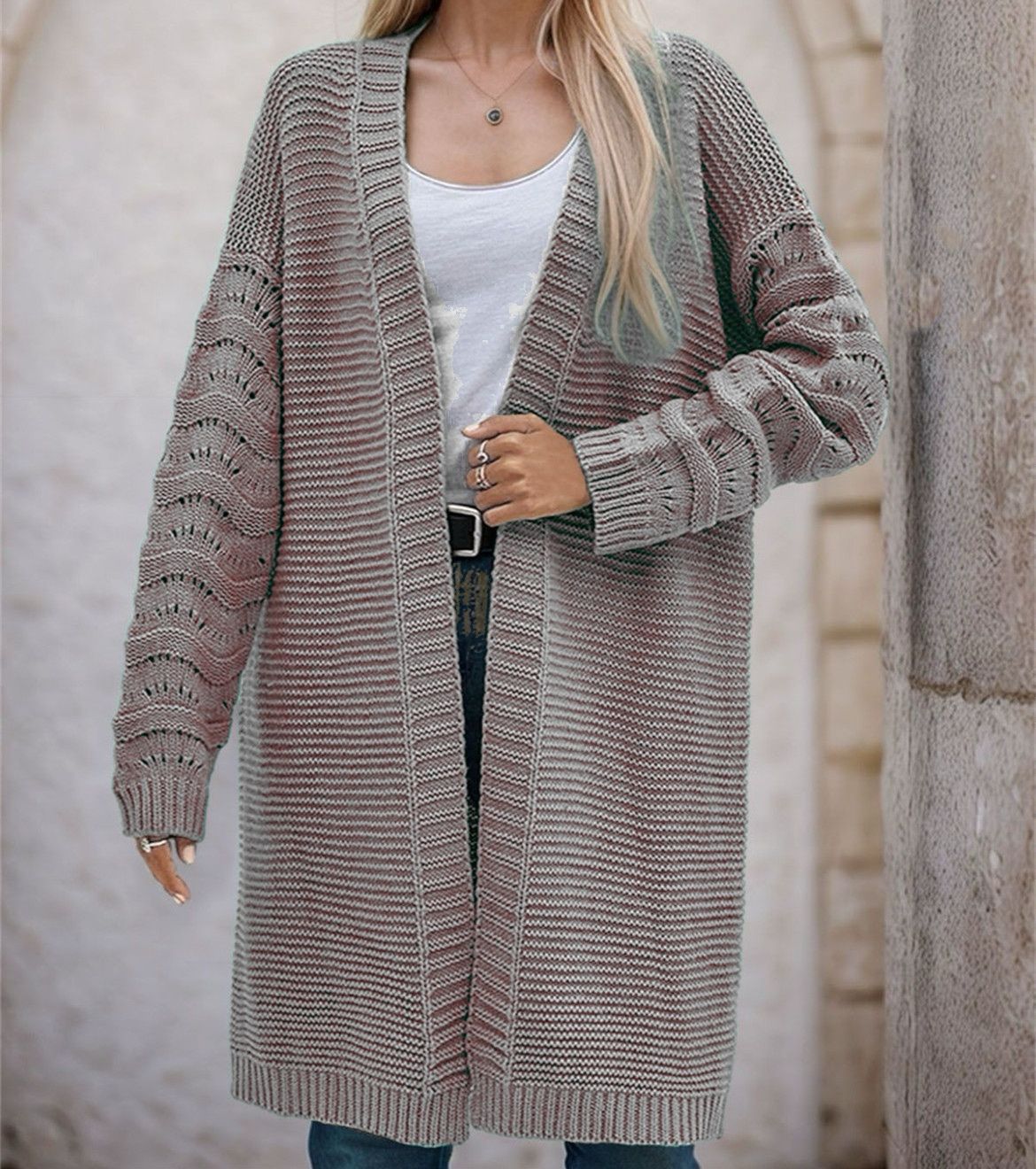 Dames Long Pull Cardigan avec une structure de maille aérée et un devant ouvert Chic und Stil