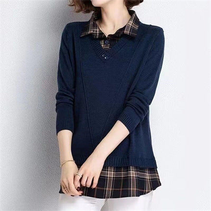 Pull-over en tricot superposé pour femmes avec décolleté en V et blouse tendance.