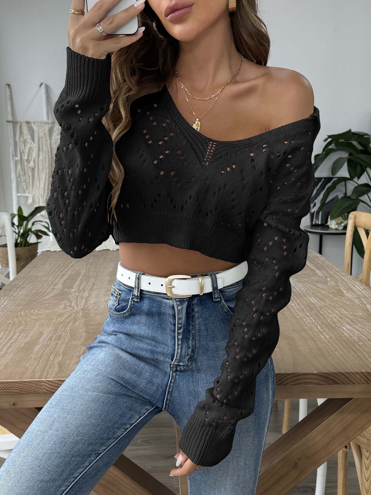 Pull à col en V en tricot pour femmes coupé court Chic und Stil