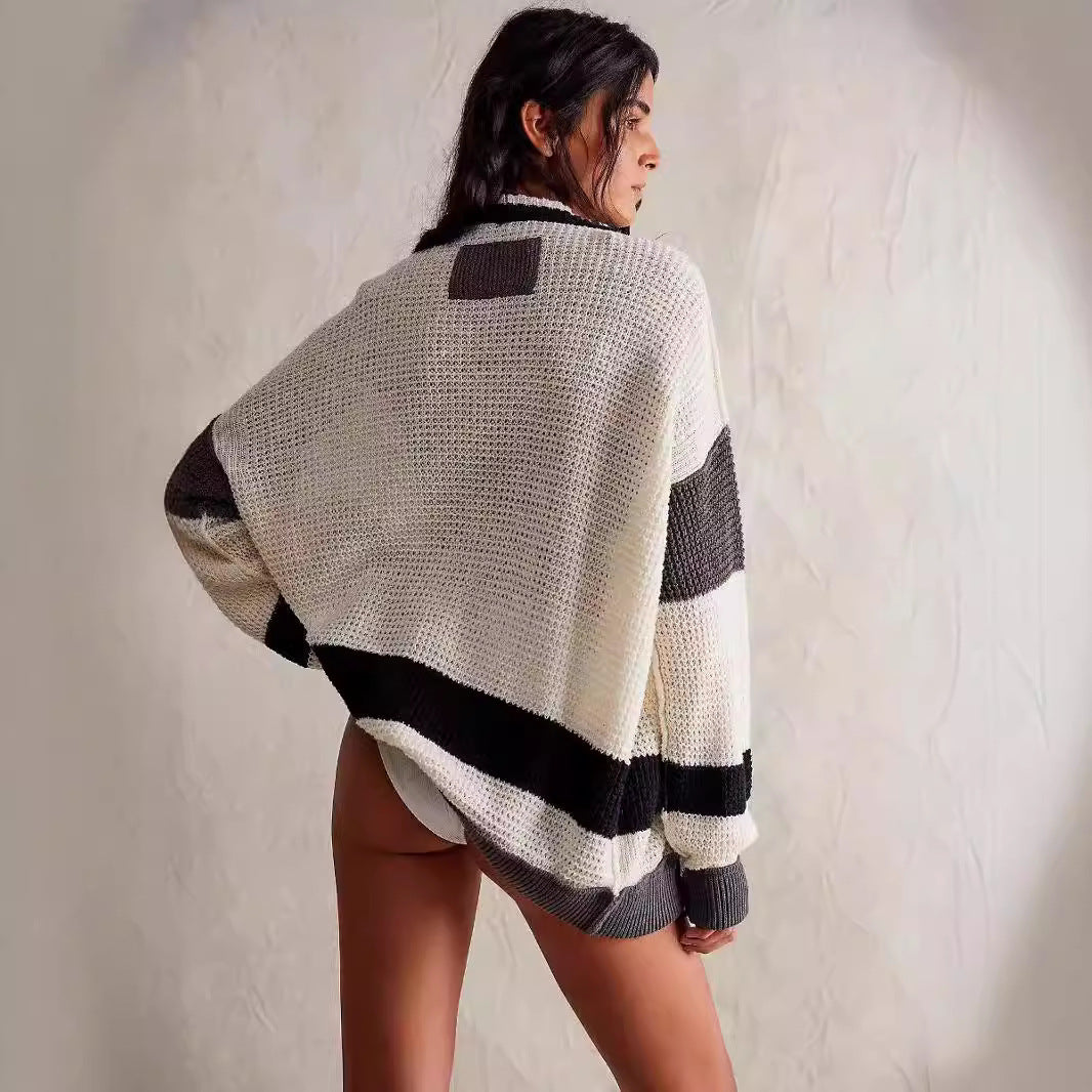 Cardigan en tricot décontracté pour femmes avec grandes poches et rayures contrastées élégantes Chic und Stil