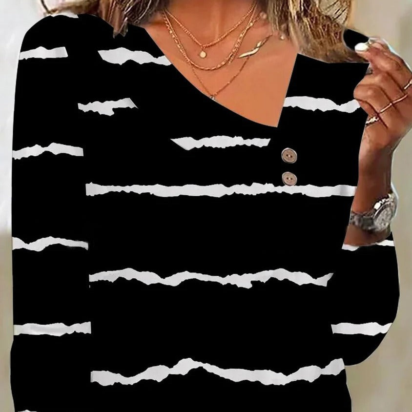 Chemise à manches longues pour femmes avec décolleté en V à la mode et rayures contrastantes Chic und Stil