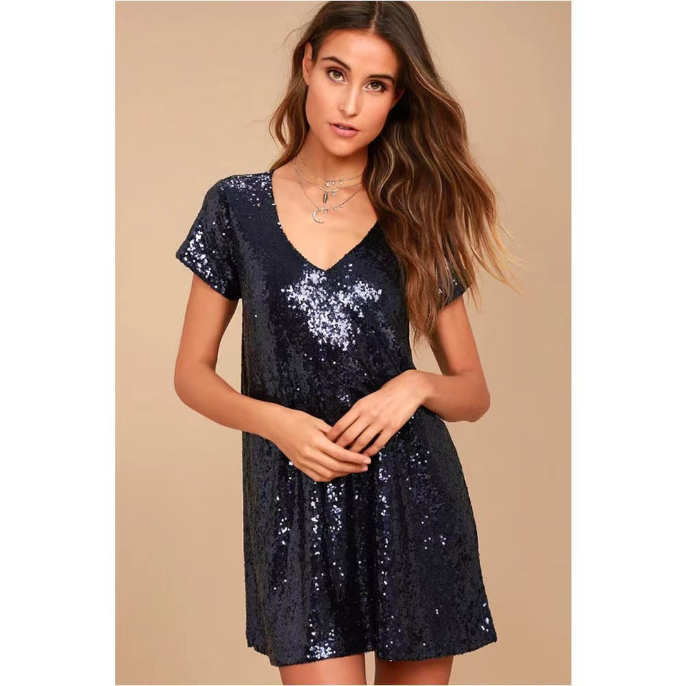 Short sleeve sequined dress for women with V-neck Chic and Style