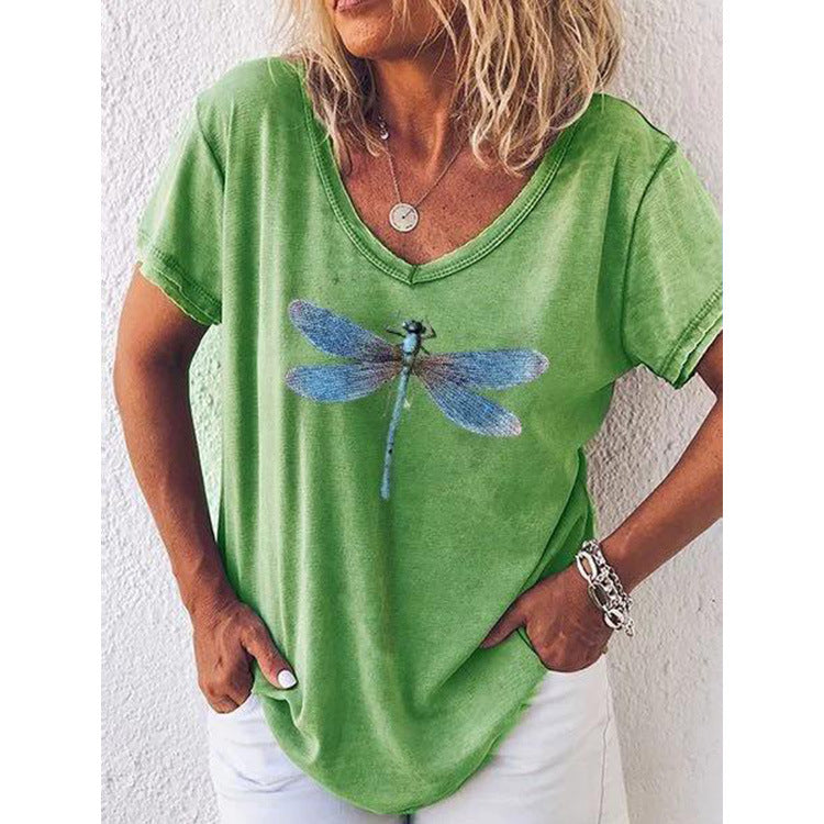 T-shirt graphique à col en V pour femmes avec design de libellules Chic und Stil