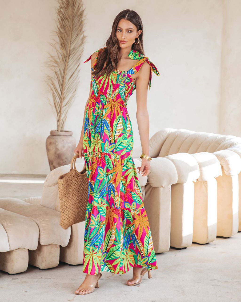 Chic and stylish tropical leaf print maxi dress for women