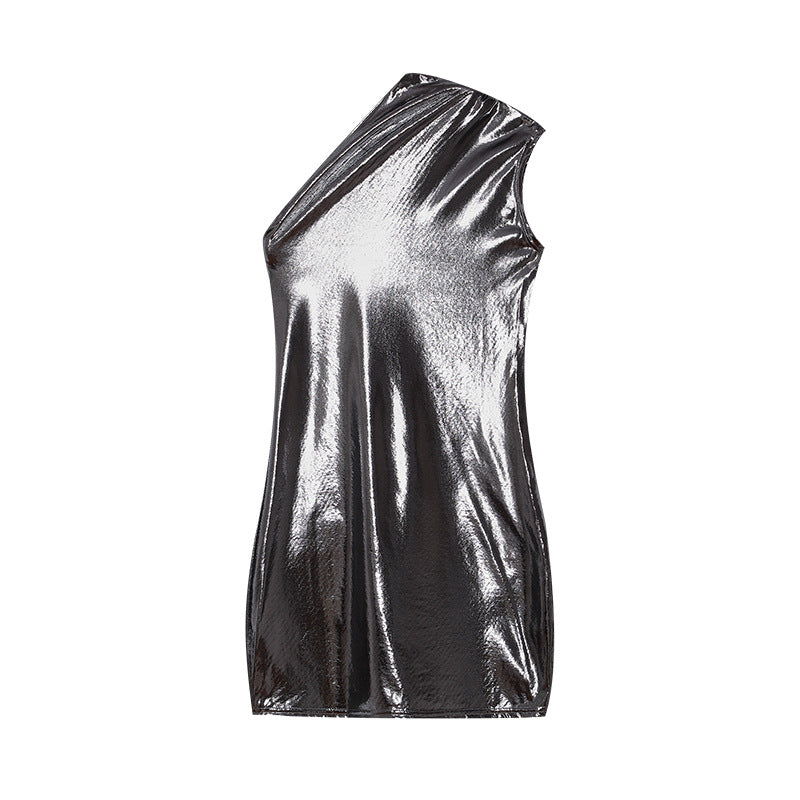 Chic and Stylish Women's Metallic Asymmetric Shift Dress