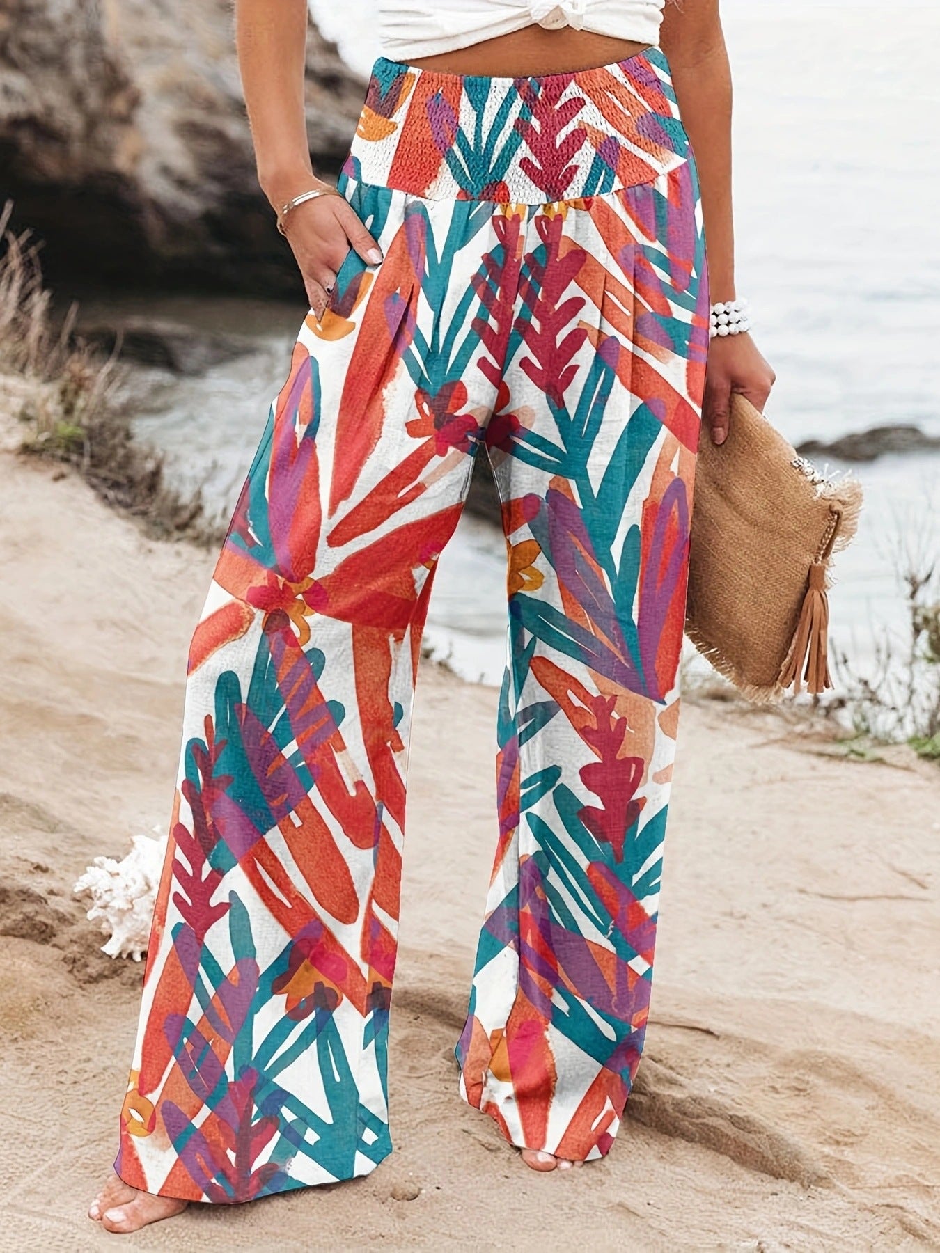 Pantalon d'été ample pour femmes avec imprimé floral et ceinture élastique Chic und Stil