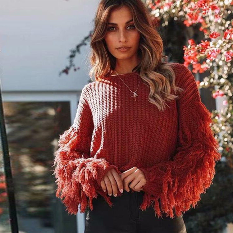 Pull en tricot pour femmes avec des manches à franges volumineuses et une coupe moderne Chic und Stil