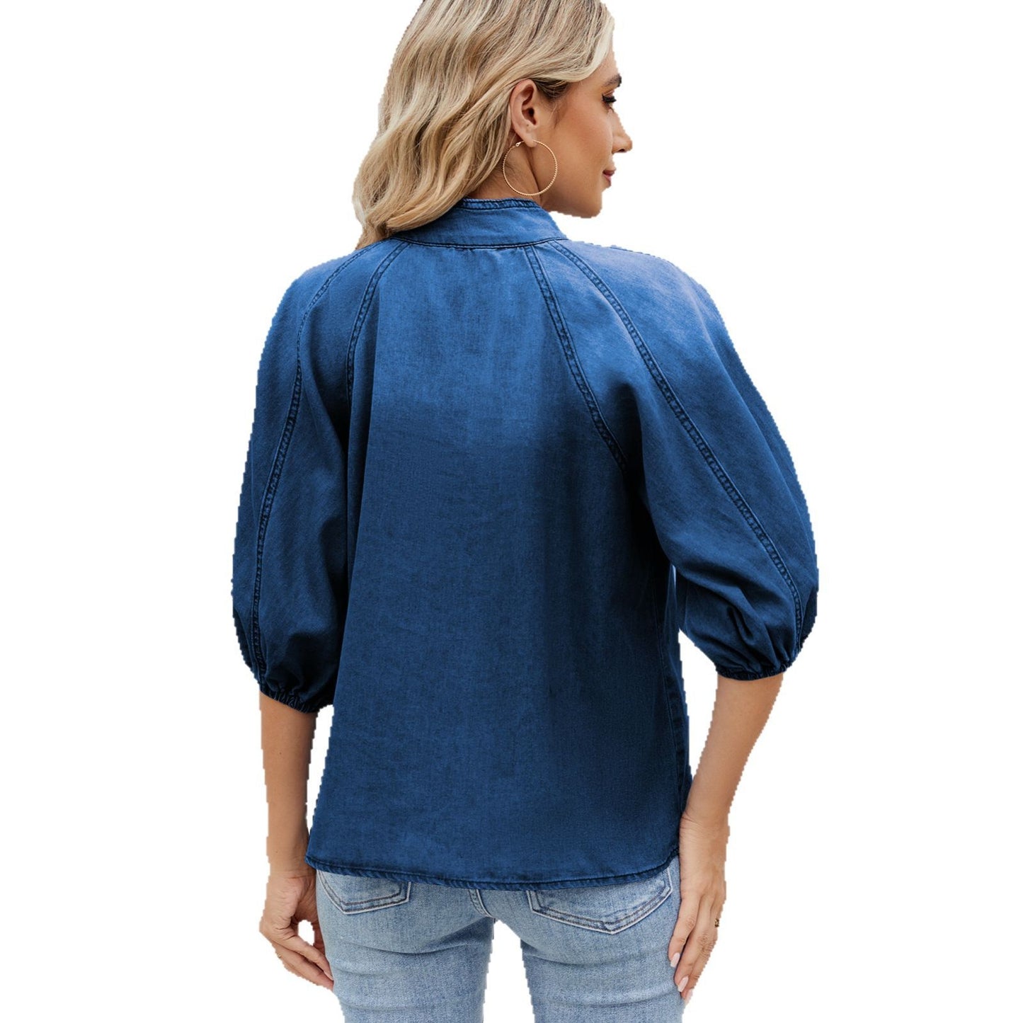 Blouse en denim pour femmes avec détail de nœud décoratif et manches bouffantes féminines Chic und Stil