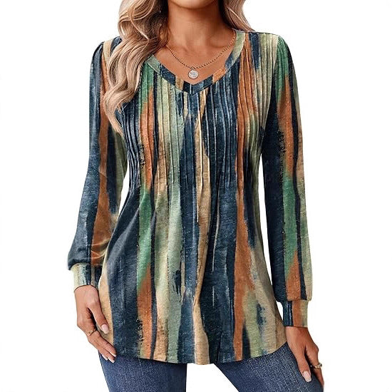 Blouse à manches longues pour femmes avec décolleté en V et dégradé de couleurs artistique Chic und Stil