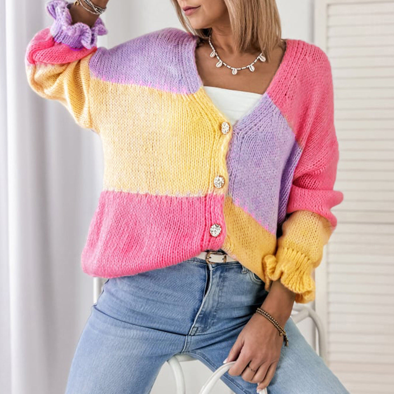Cardigan oversize à la mode pour femmes avec motif rayé coloré et manches volumineuses Chic und Stil