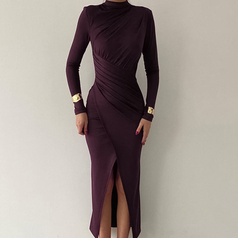 Robe maxi à manches longues pour femmes avec un élégant détail drapé et un col montant Chic und Stil