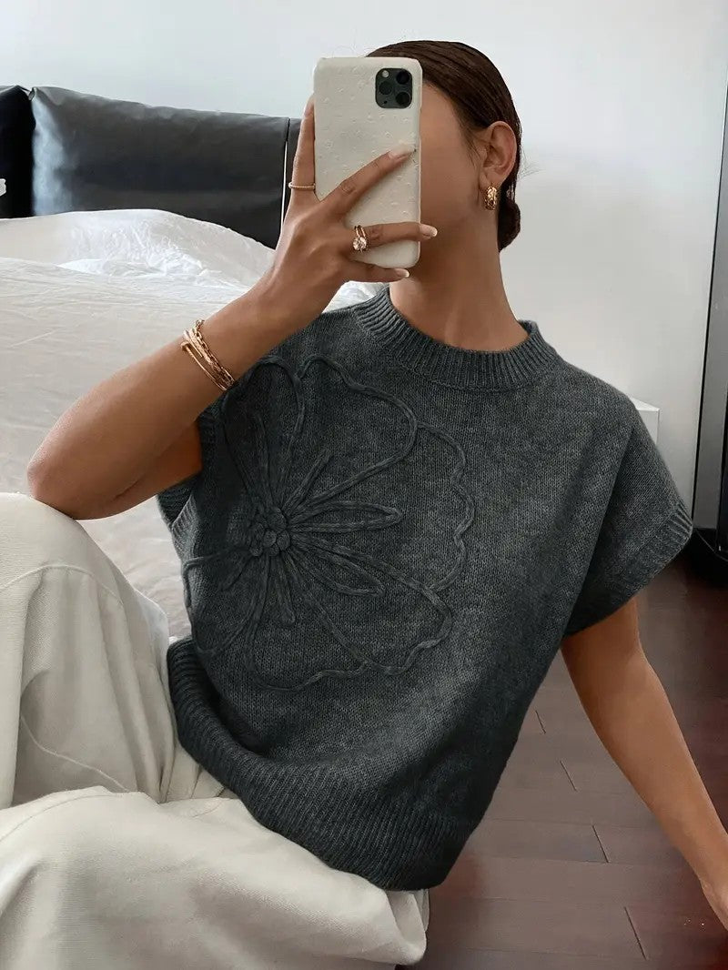 Pull femme à manches courtes avec motif floral en relief et coupe décontractée Chic und Stil
