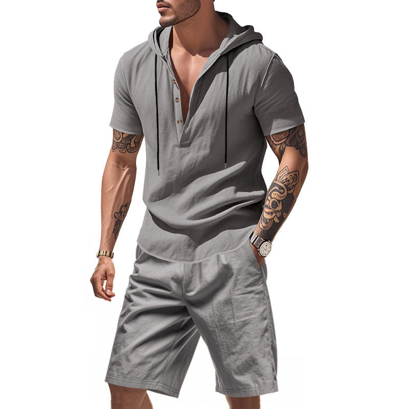 Homme Haut de loisirs à manches longues avec patte de boutonnage et shorts Chic und Stil