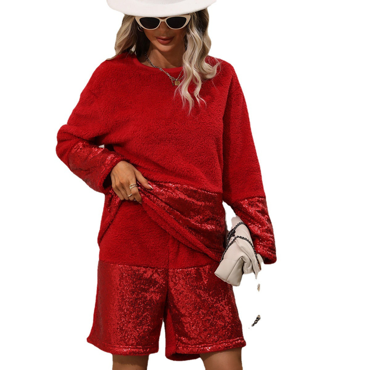 Cozy fleece set for women with shiny shorts and soft top Chic and Style