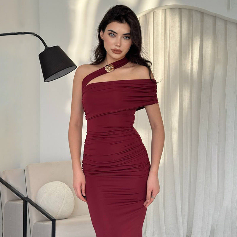 Robe midi à épaule unique froncée pour femme Chic und Stil