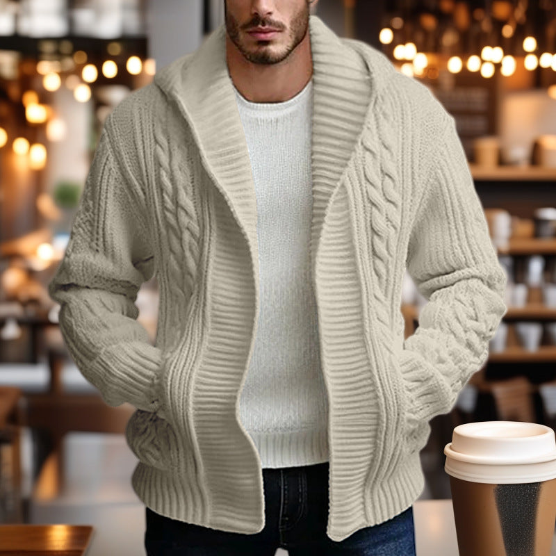 Thick knit jacket for men with wide collar and cable pattern Chic and Style
